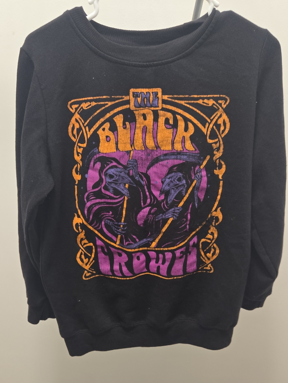 Graphic Crewneck Sweater - Black with Purple & Orange Print
